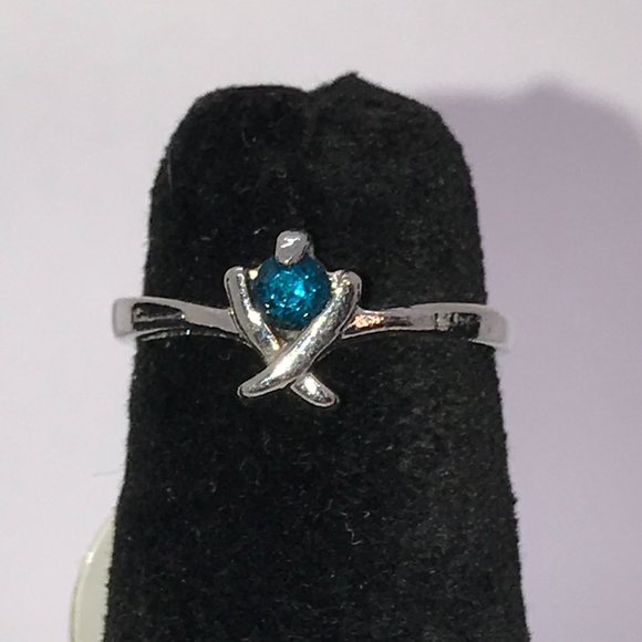 Silver Aqua Blue X Ring, Size 5 1/2 - Picture 1 of 9